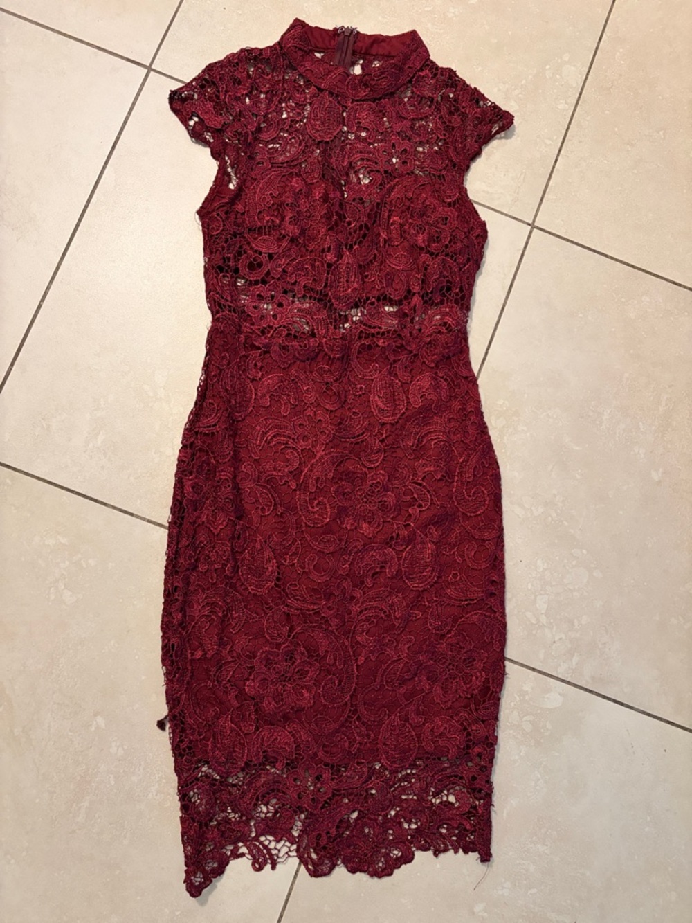 Lace Sheath Dress in Burgundy - Elegant Cap Sleeve Cocktail Dress